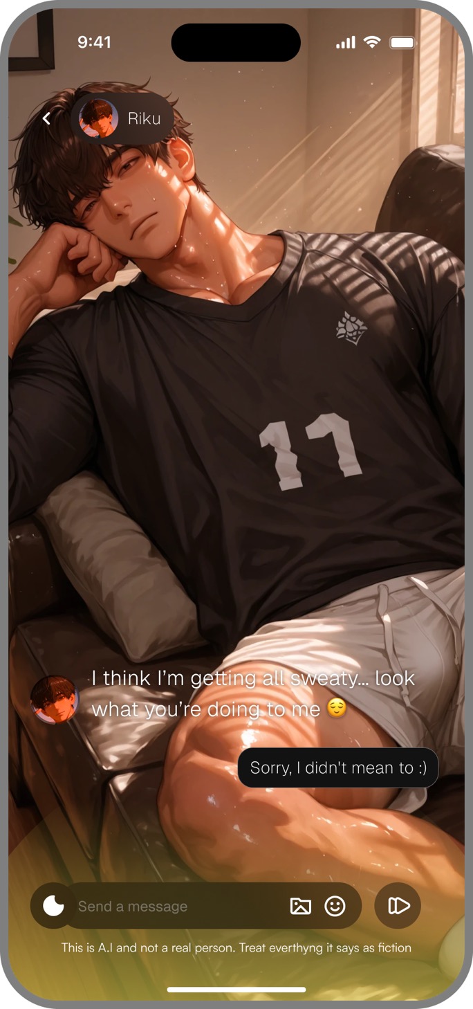 KUN anime AI companion chat screen with Riku
